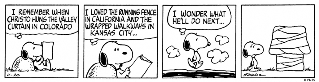 Peanuts comic strip featuring Snoopy, the artist Christo, and Snoopy's doghouse