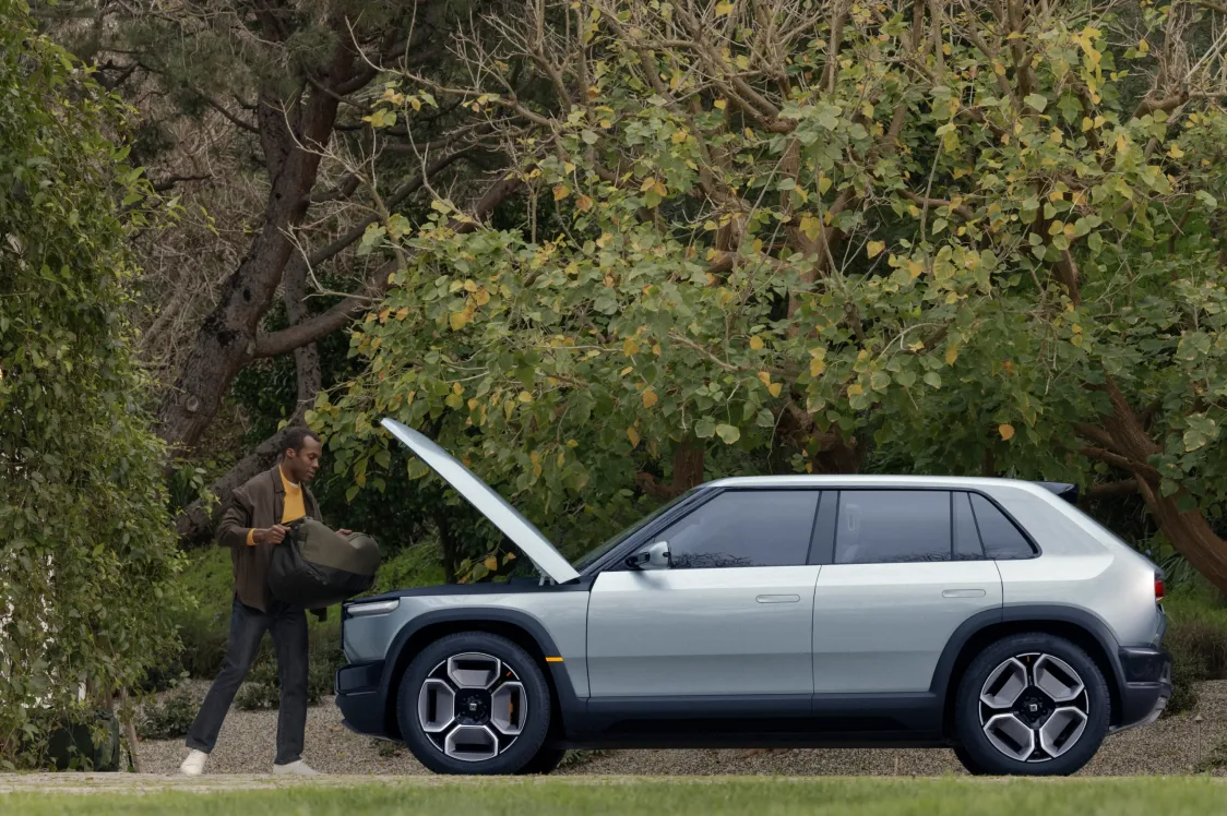 side view of silver Rivian R3 future car model