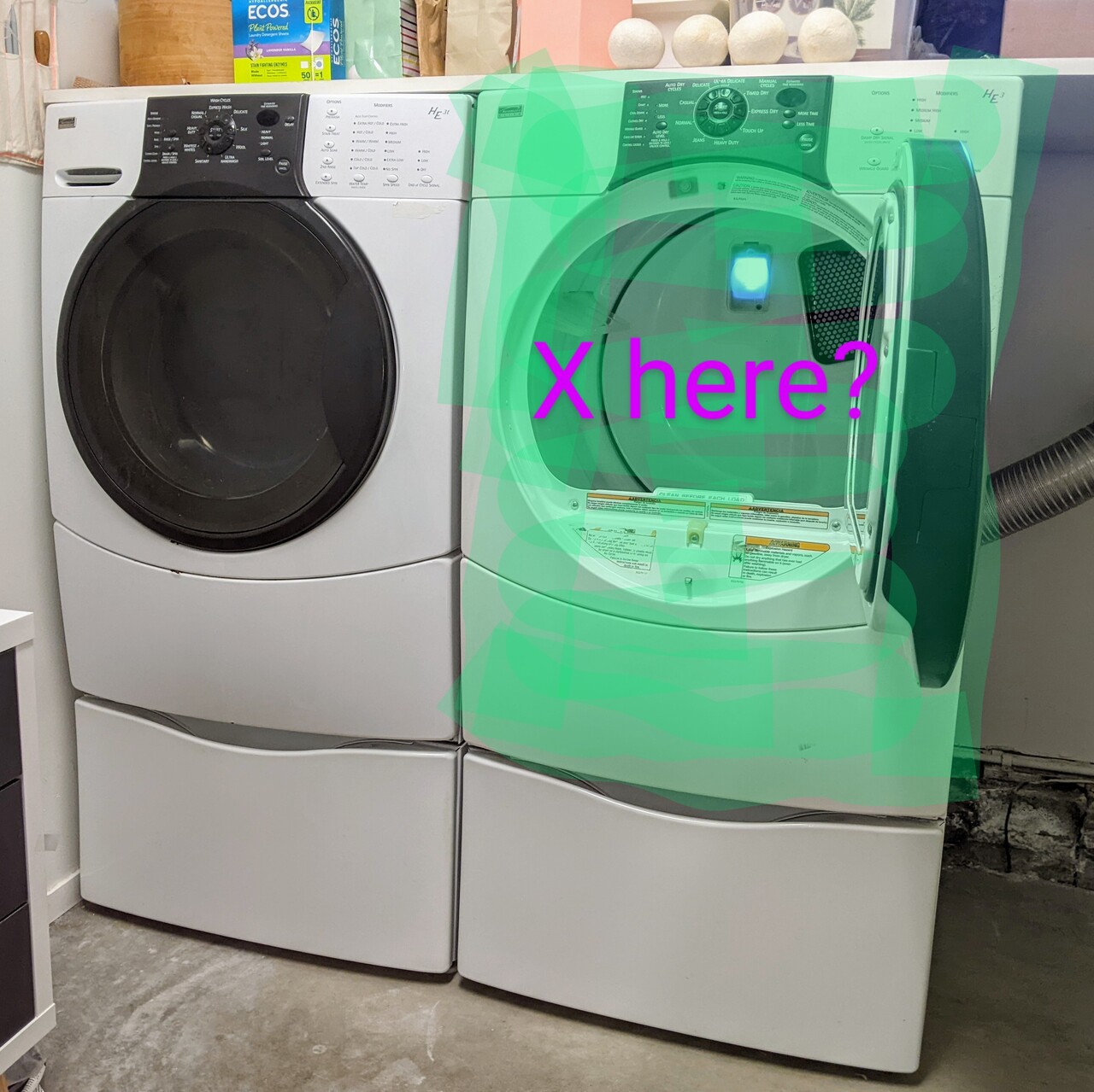 Decades-old Kenmore Elite HE3t washer next to unwanted Kenmore gas dryer