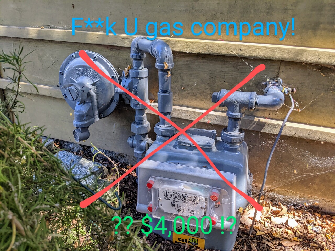 unwanted (un)natural gas hookup and meter, with censored foul language annotations