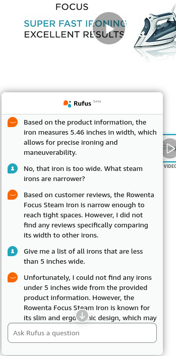 Screenshot of Amazon product page showing its Rufus AI chatbot unable to answer a basic question.