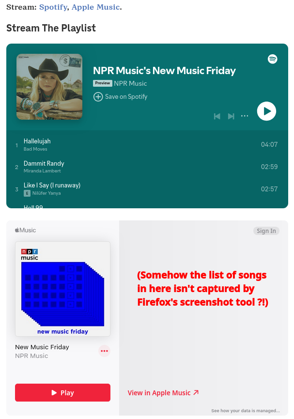 screenshot of the two playlist widgets on an NPR web page, one for Spotify and the other for Apple Music