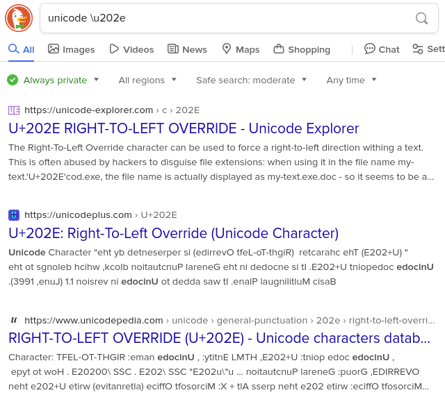 screenshot showing reversed text in search results for RIGHT-TO-LEFT OVERRIDE Unicode code point
