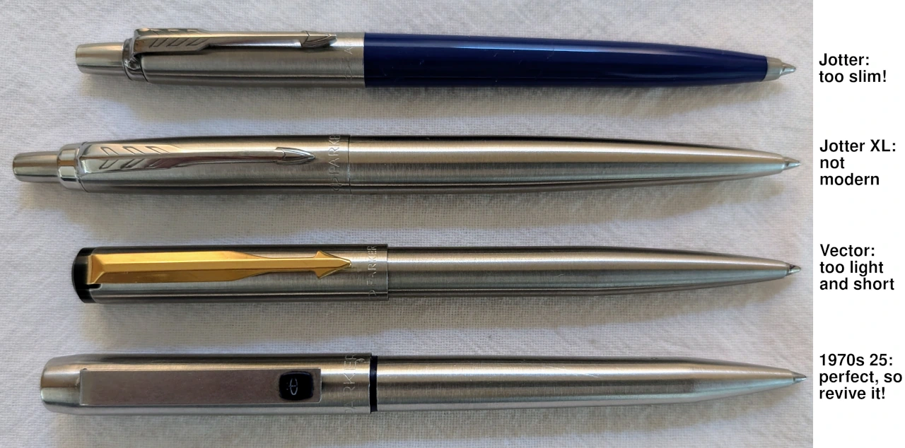 photo of Parker ballpoints with text summarizing them: Jotter (too slim!), Jotter XL (not modern), Vector (too light and short), and 1970s 25 (perfect, so revive it!)